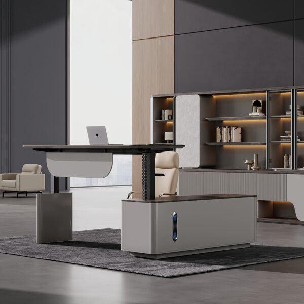 Electric Height Adjustable L Shaped Executive Stainless Steel Leg Sit Stand CEO Office Desk